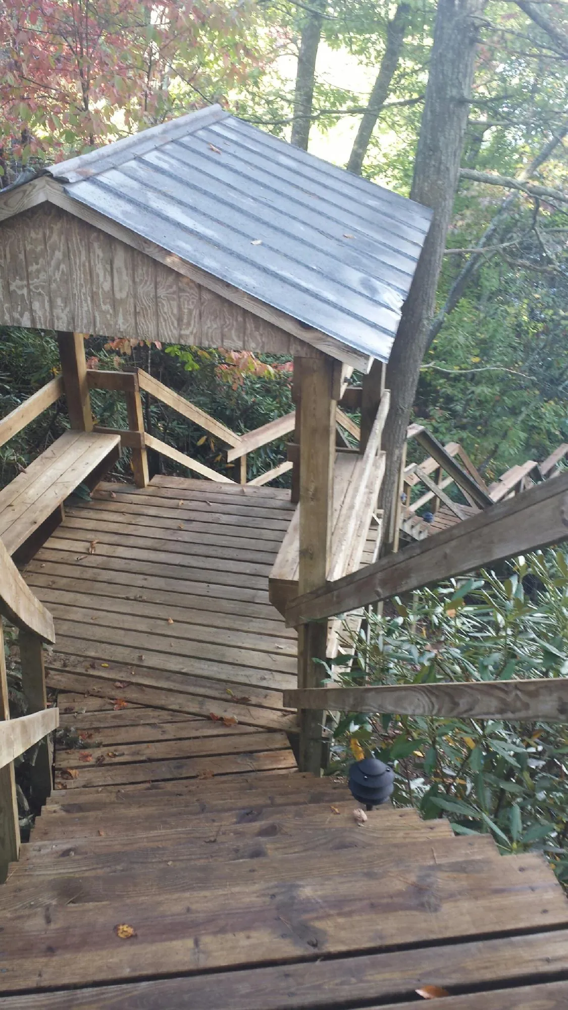 Metal roofed shelter over wooden steps on a wooded walkway — Skylight Repair & Installation work by our crew in Hosford